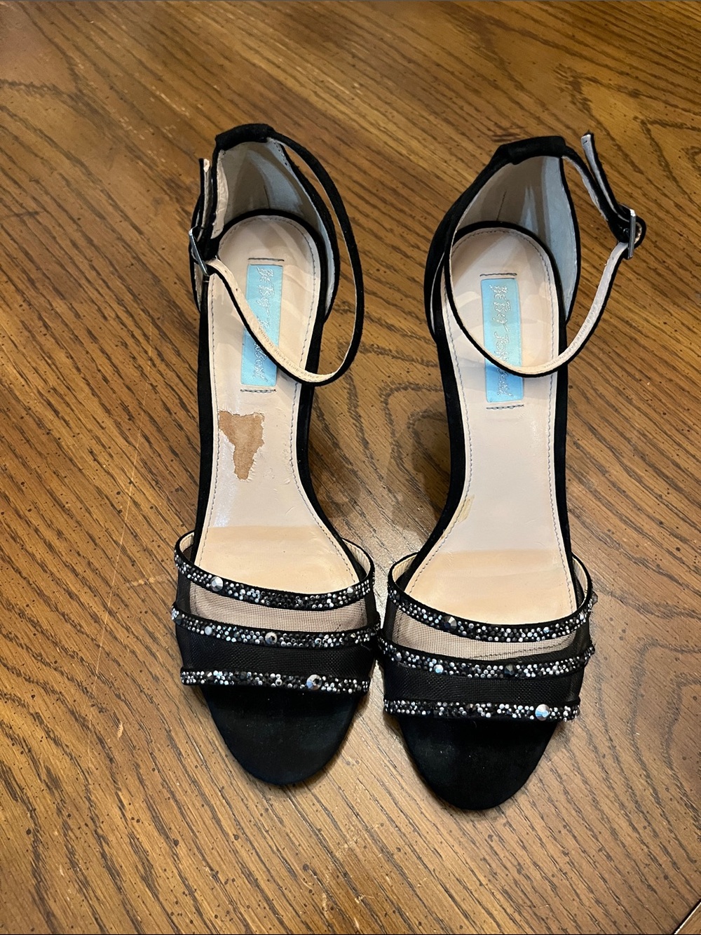 Betsey Johnson Black Suede Beaded Ankle-Strap Stiletto Heels